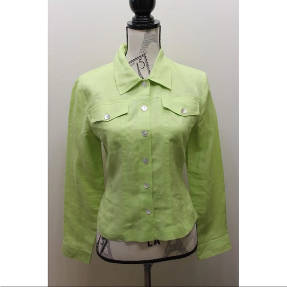 Allison Taylor Apple Green 100% Linen Large Long Sleeve Mother Of Pearl Buttons - Picture 3 of 12